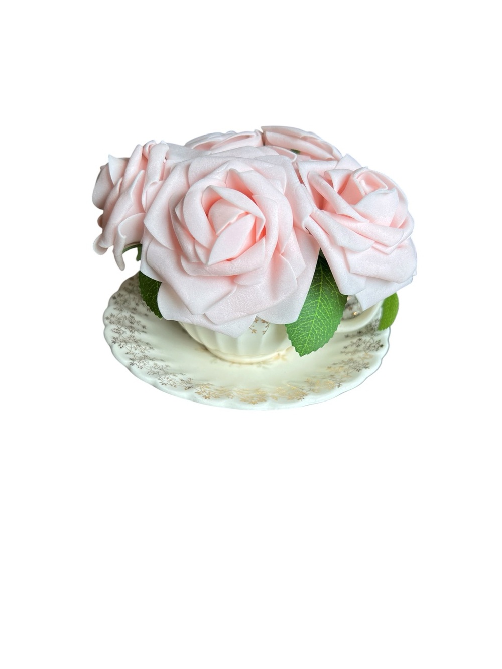 American Limoges vintage teacup and saucer with Pink Rose artificial flowers.